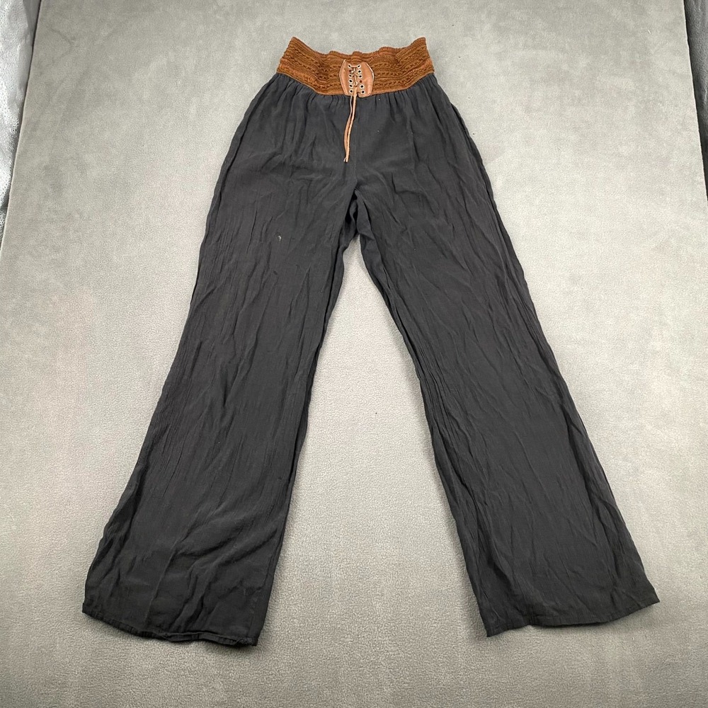 Rue 21 Pants‎ Womens Medium Black Rayon Mid Rise Wide Leg Lace Up Comfort Boho